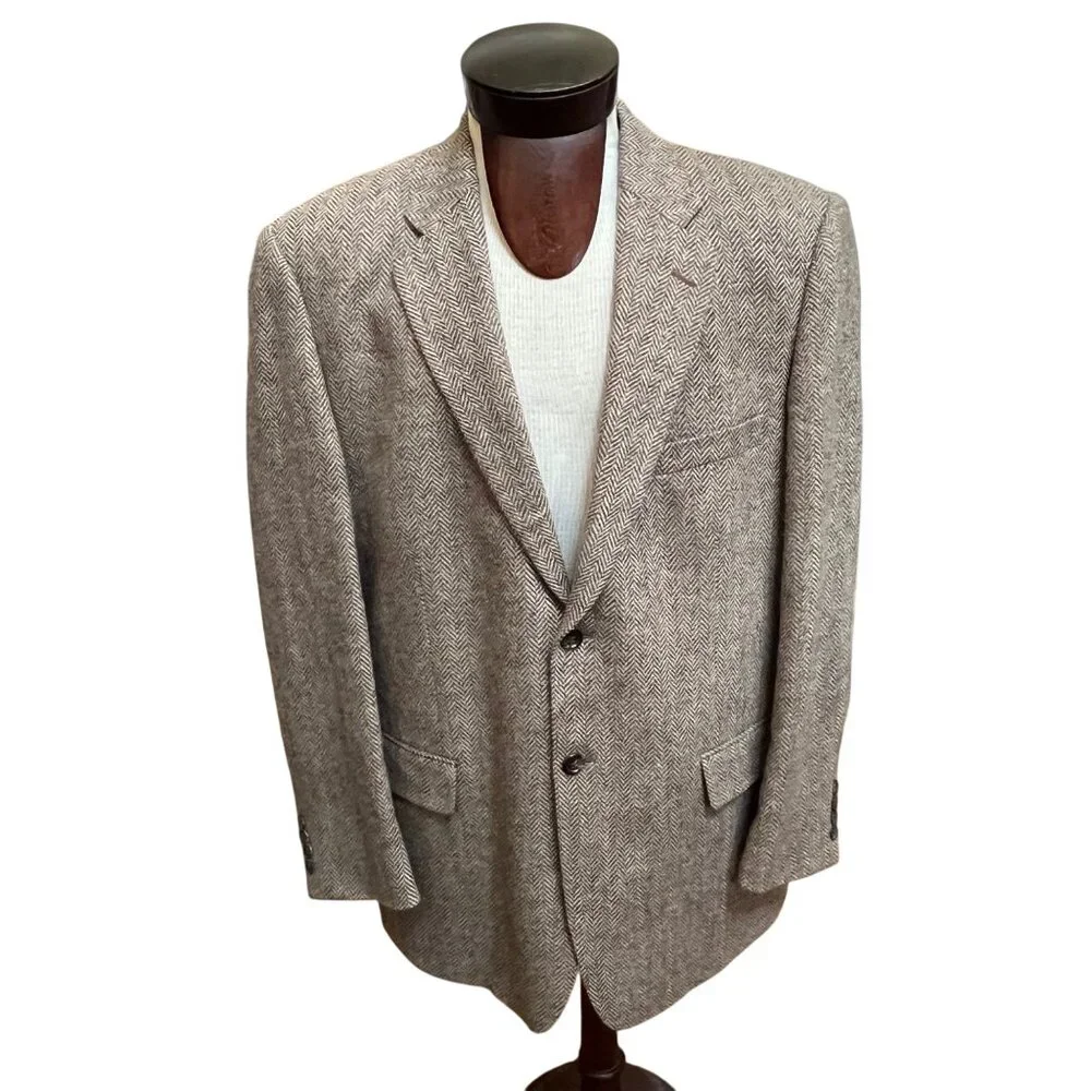 Stafford Mens 46R Herringbone Wool Blazer Jacket With‎ Elbow Patches Brown